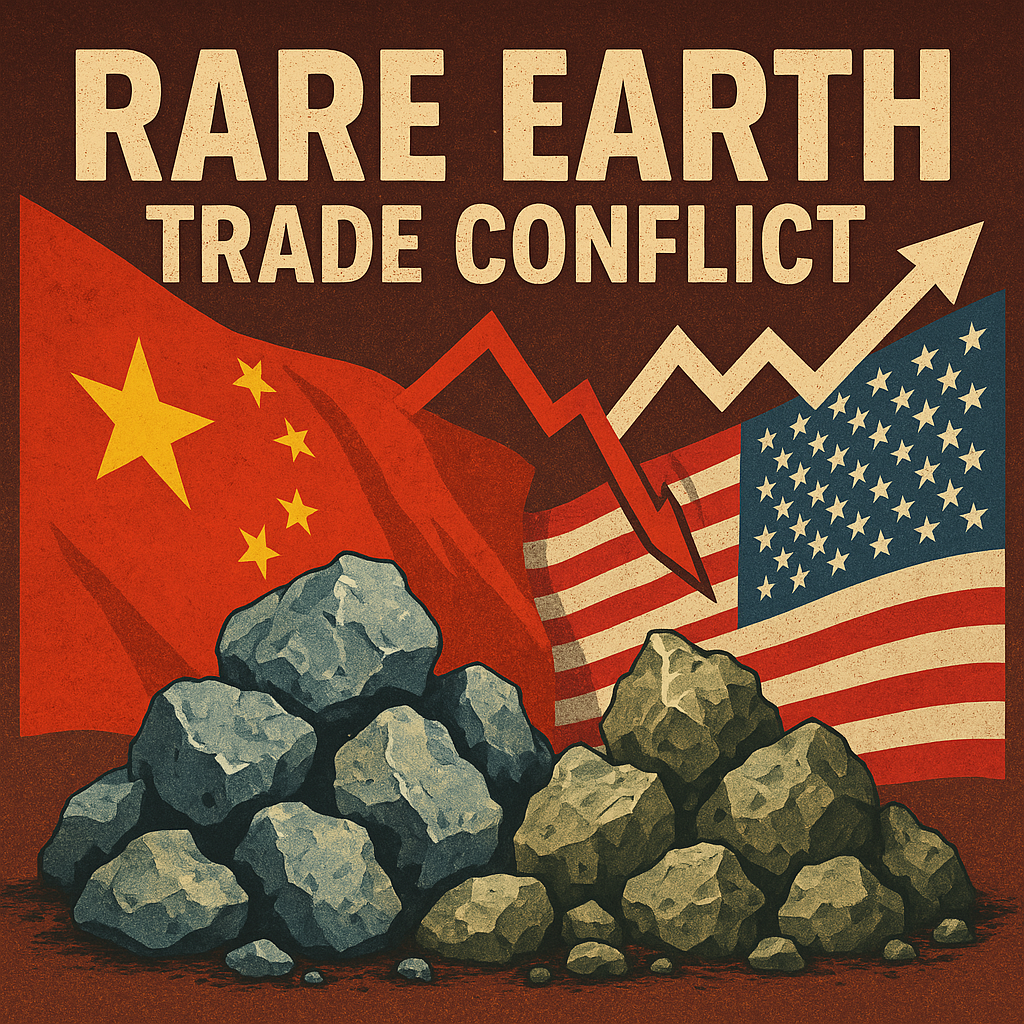 중국과 미국의 희토류 무역갈등을 상징하는 이미지. 금속 광물과 양국 국기, 경제 지표 그래프가 함께 배치됨