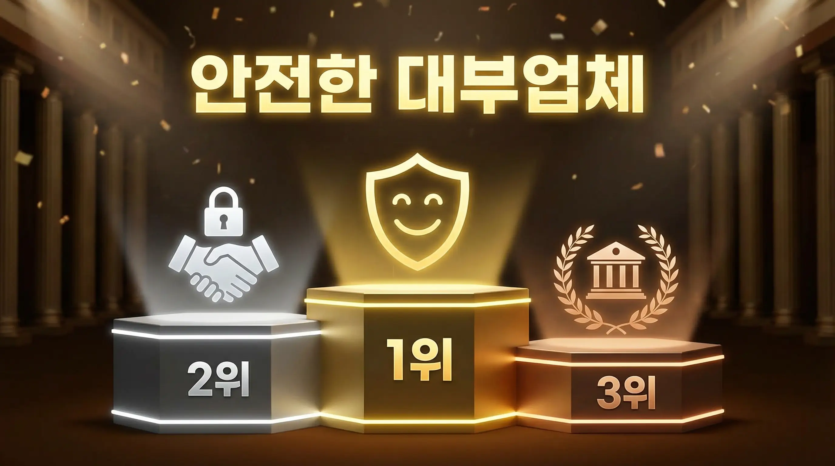 1위부터 3위까지의 순위가 적힌 시상대 위에 안전한 대부업체를 상징하는 로고가 빛나는 이미지