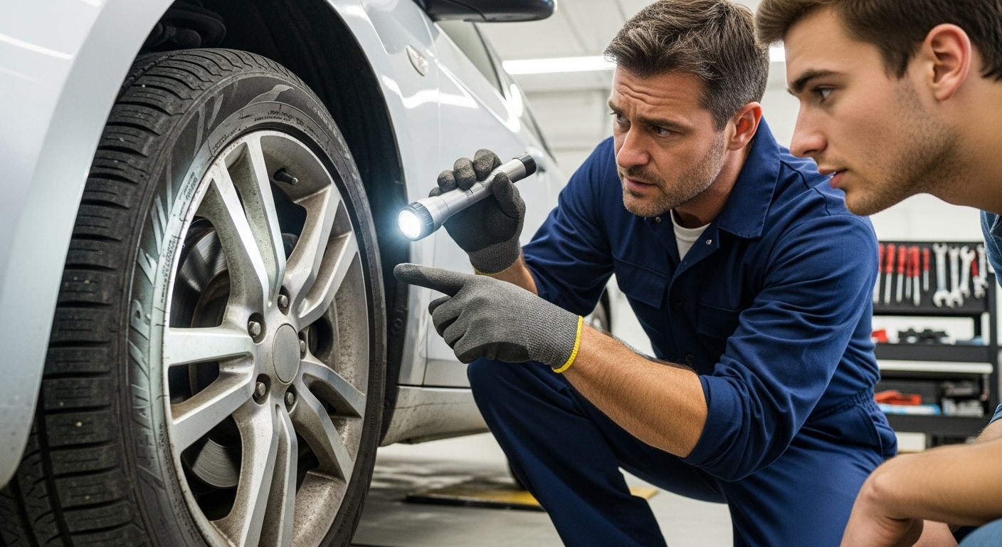 전문가가 초보 운전자에게 중고차 타이어와 브레이크 상태를 손전등으로 설명하는 모습