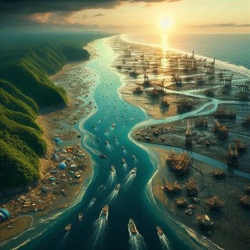 남해안 갯벌의 어업, 해양 관광, 지역 경제 활동 등을 상징하며 환경 보호와 지속 가능한 활용 전략을 나타내는 이미지