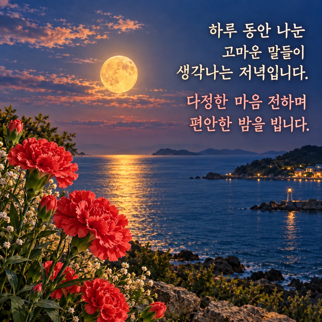 저녁에 보내는 카톡 인사말 이미지 28 — 하루 동안 나눈 고마운 말들이 생각나는 저녁입니다. 다정한 마음 전하며 편안한 밤을 빕니다.