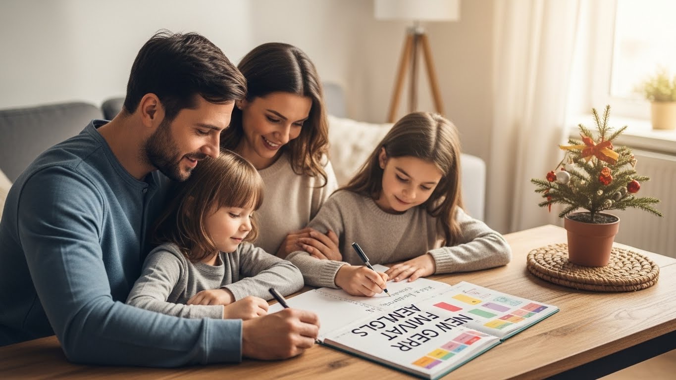 따뜻한 거실에서 온 가족이 모여 앉아 웃으며 새해 목표를 적고 있는 모습입니다. 독자들에게 '우리 가족도 저렇게 해보고 싶다'는 긍정적인 동기를 부여합니다.
