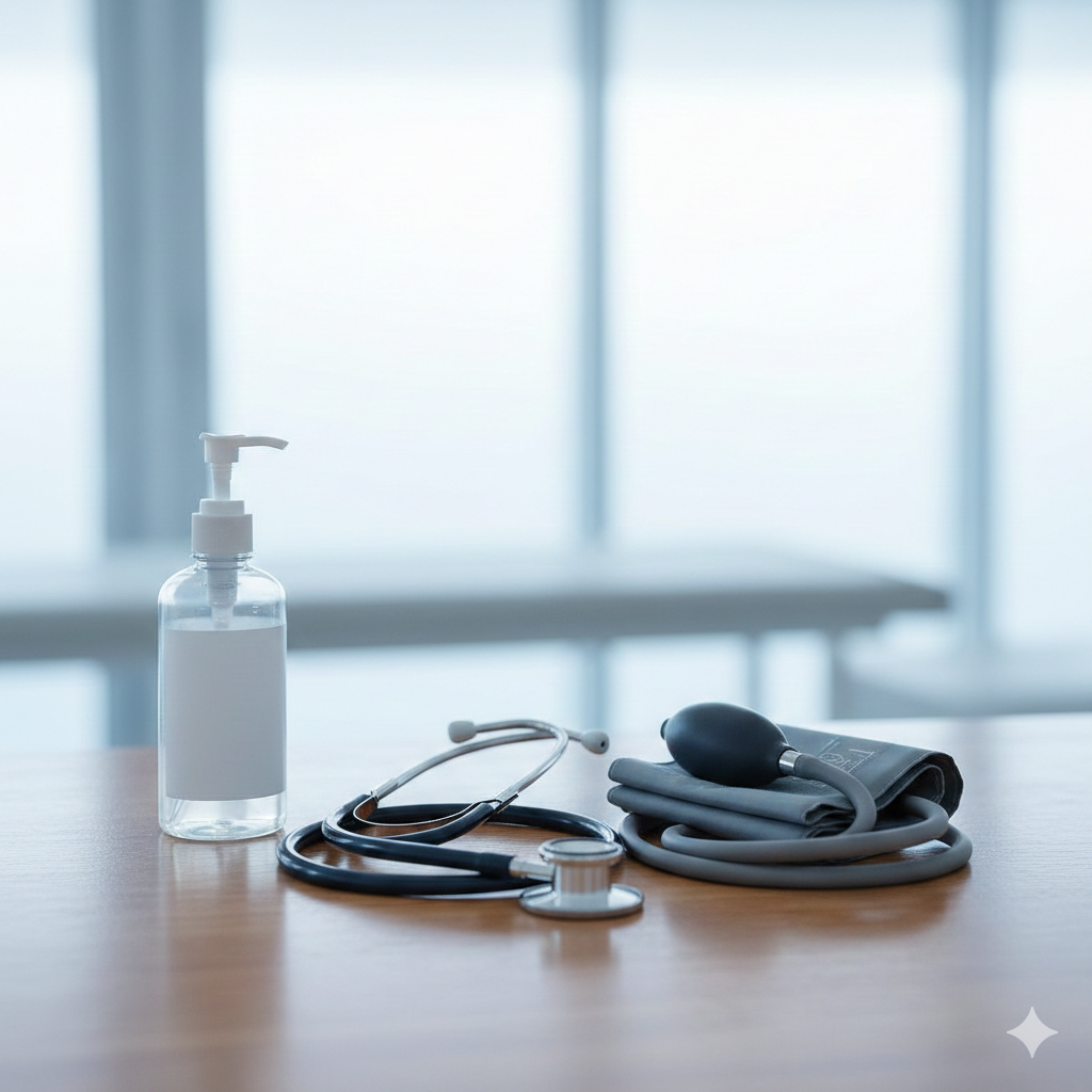 예방접종 준비를 떠올리게 하는 청진기와 혈압계가 놓인 진료실 정물 사진