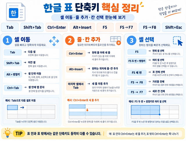 한글 표 안에서 이동하는 단축키 셀 이동·줄 추가·칸 선택 쉽게 하기