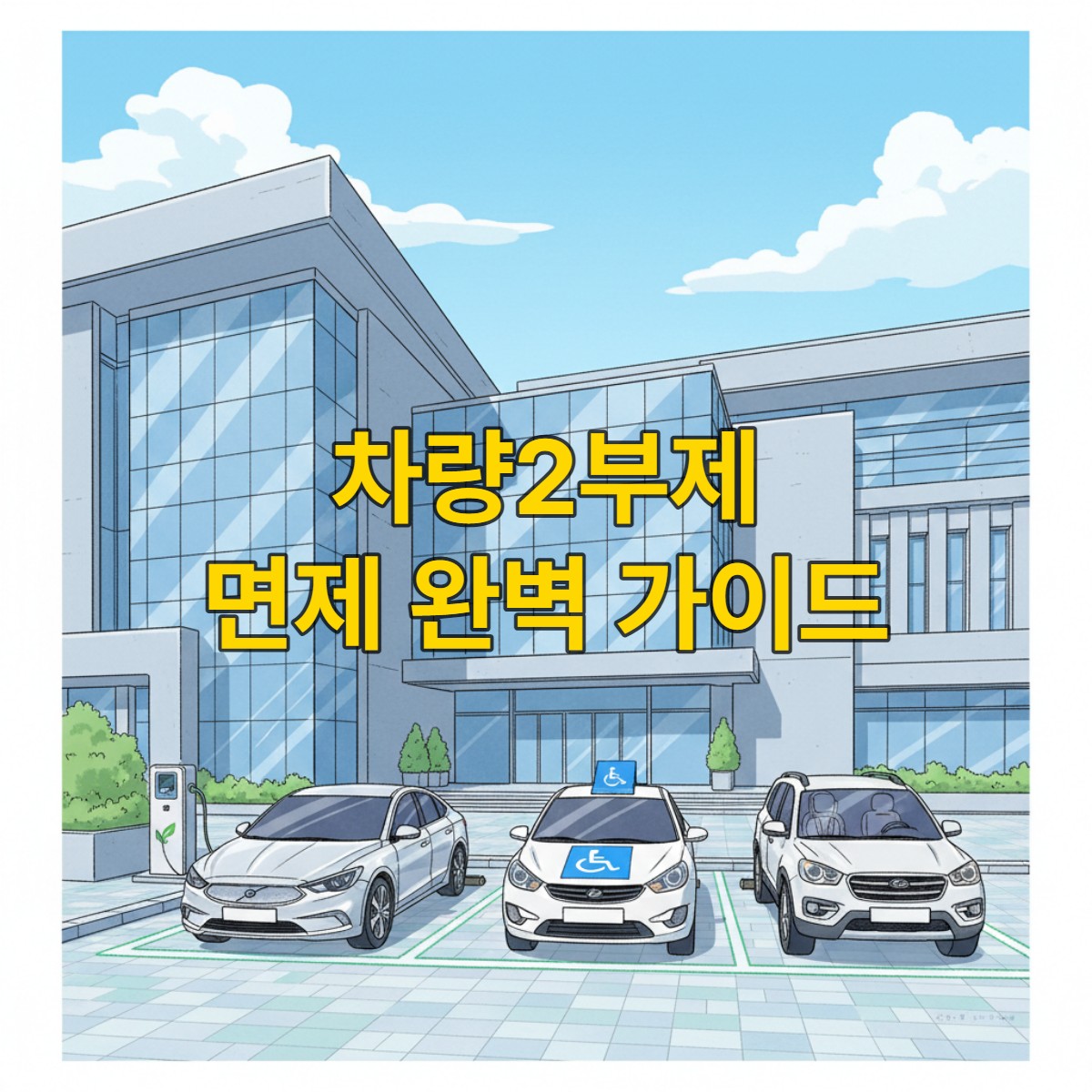 공공기관 차량2부제 면제 대상인 전기차, 장애인 차량, 유아 동승 차량이 현대적인 청사 앞에 주차된 모습