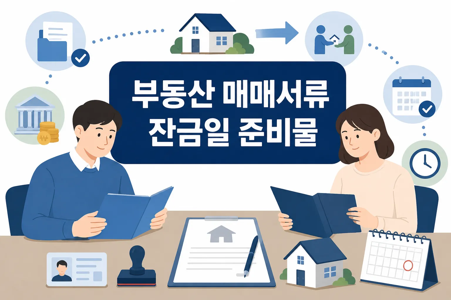 부동산 매매시 필요서류를 잔금일 준비물 중심으로 확인하며 매도인과 매수인이 챙길 항목을 이해하도록 정리한 이미지