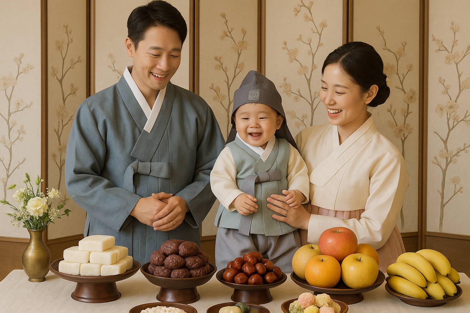 전통 돌상 앞에서 돌잔치를 준비한 한국 가족의 모습