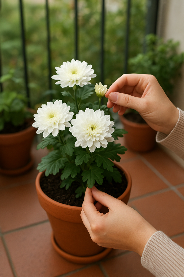 베란다에서 초보자가 직접 재배한 흰색 국화꽃을 손으로 가꾸는 장면. 국화재배 과정의 아름다움을 보여주는 사진.