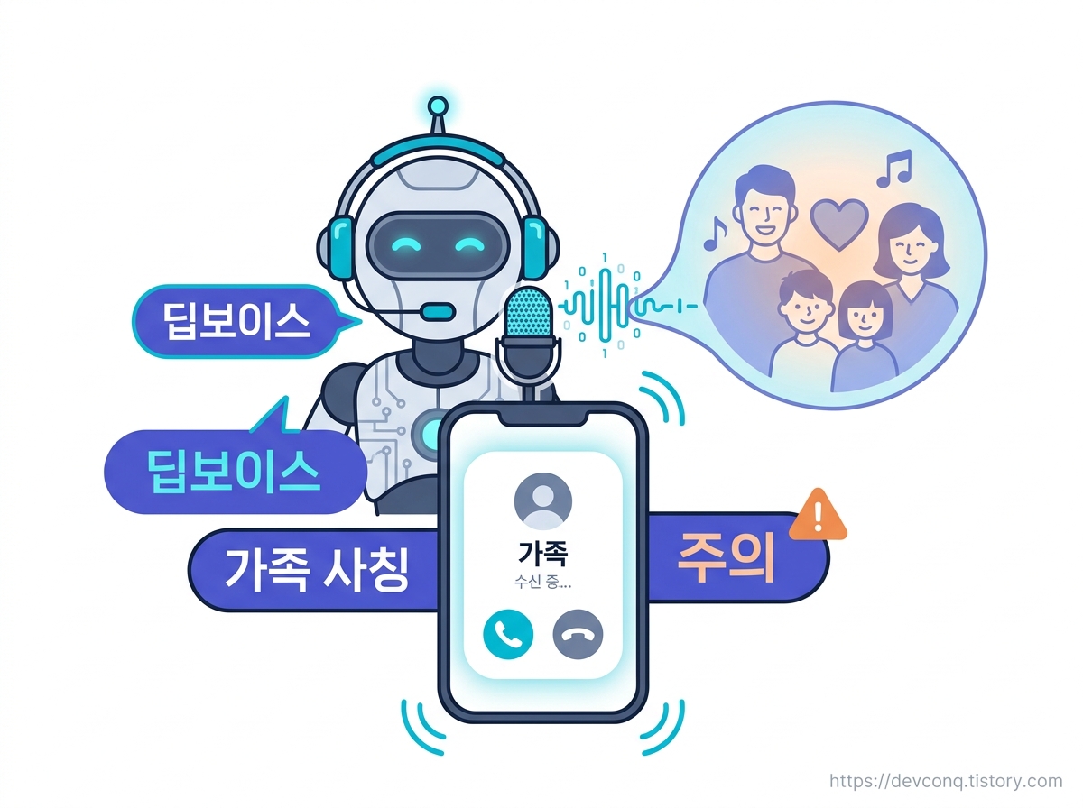 전화기 너머 AI가 가족 목소리를 흉내내는 개념 일러스트