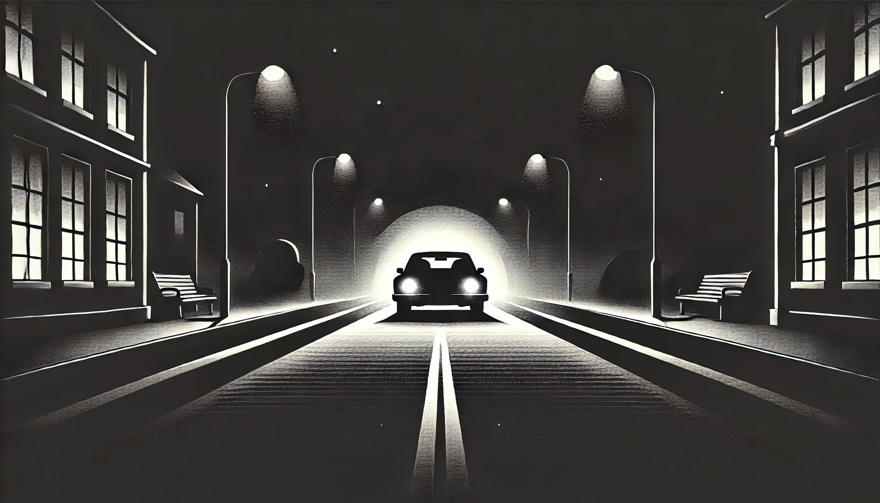 A car in the night going through the street.