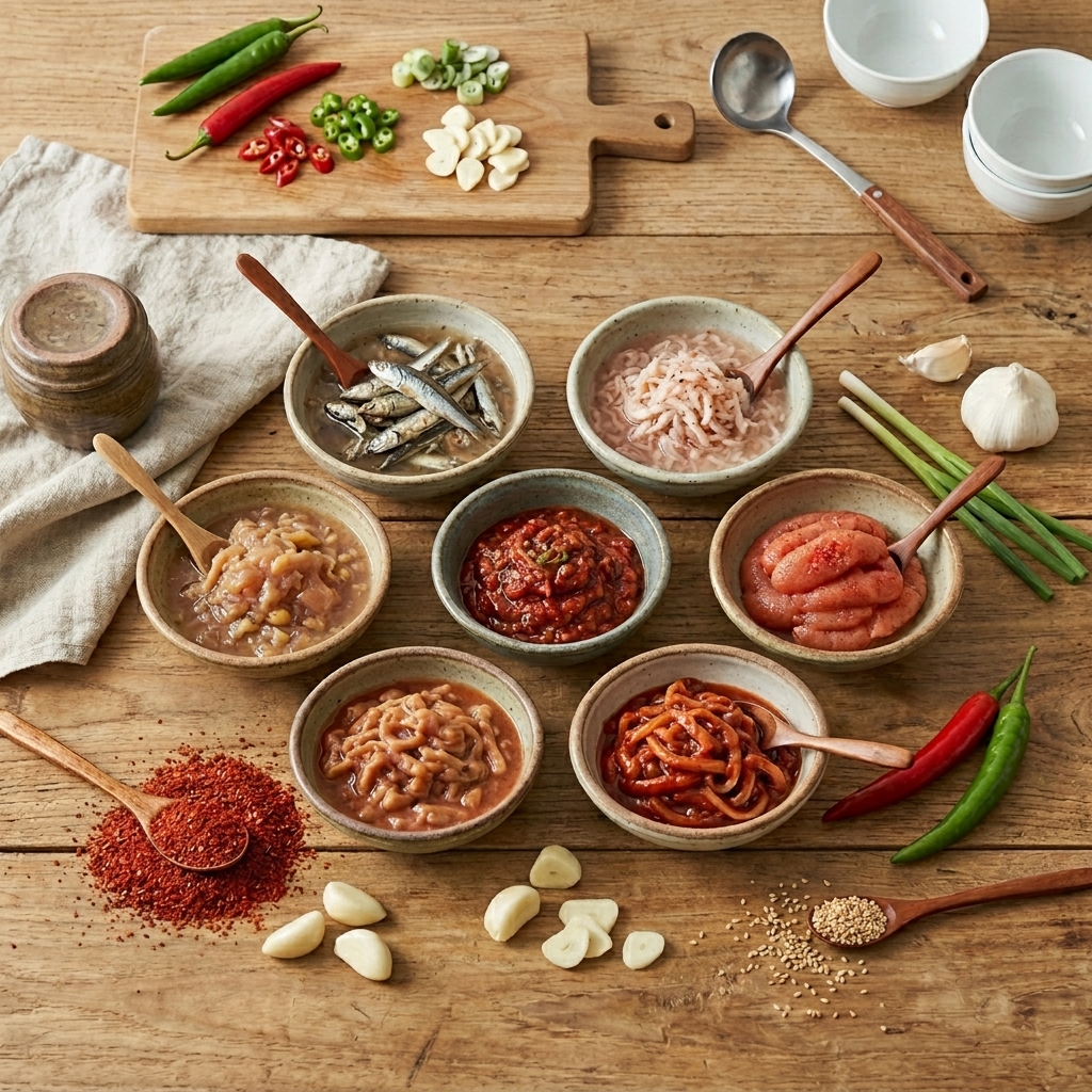 정갈한 세라믹 그릇에 담긴 다양한 종류의 한국 전통 젓갈들. 멸치액젓, 새우젓, 갈치속젓 등이 놓여 있으며 주변에는 고춧가루와 마늘 같은 김장 재료들이 배치됨. 깨끗한 주방 조리대 배경의 고해상도 상단 촬영 샷.
