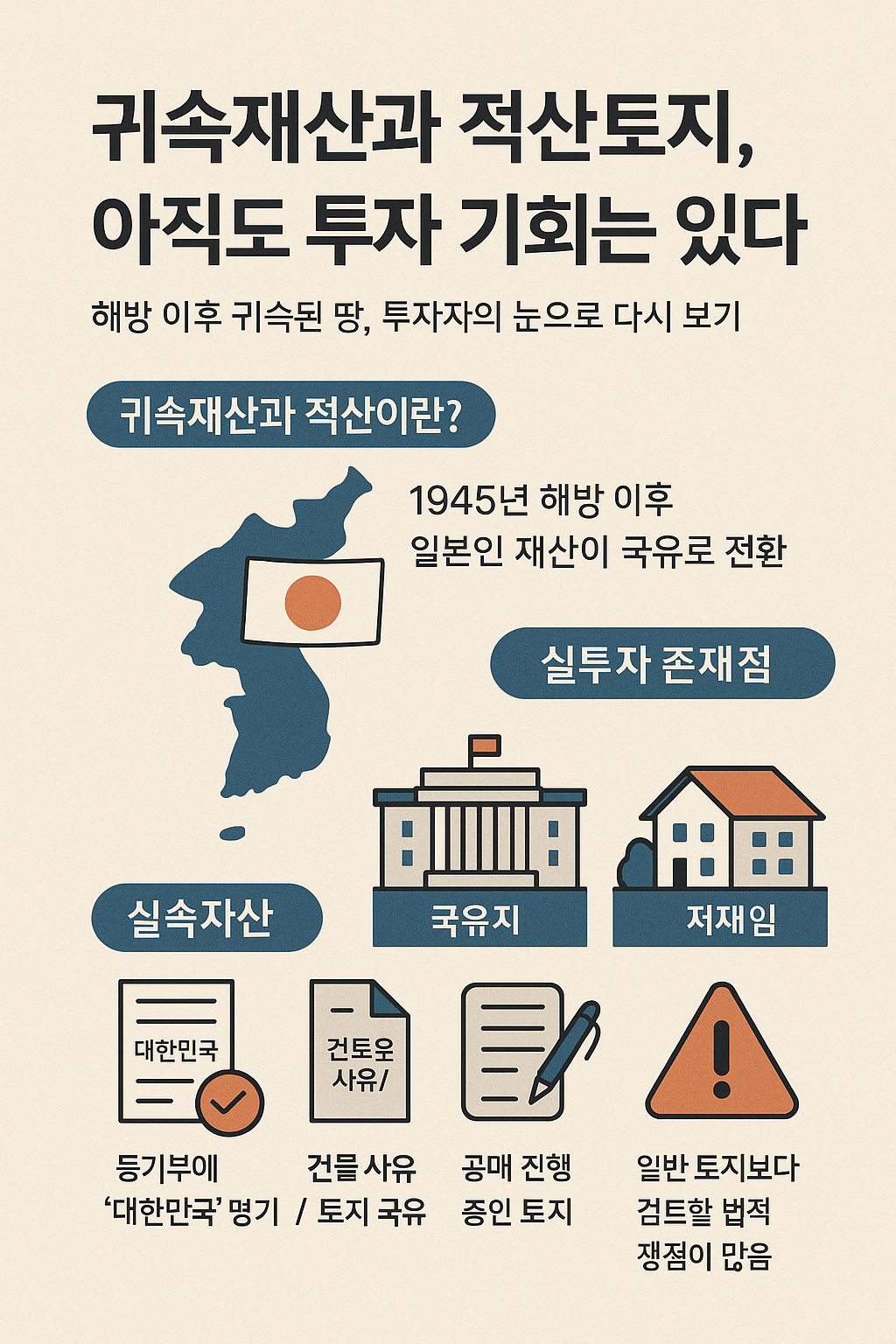 해방 이후 귀속된 토지와 적산의 투자 가능성을 정리한 이미지