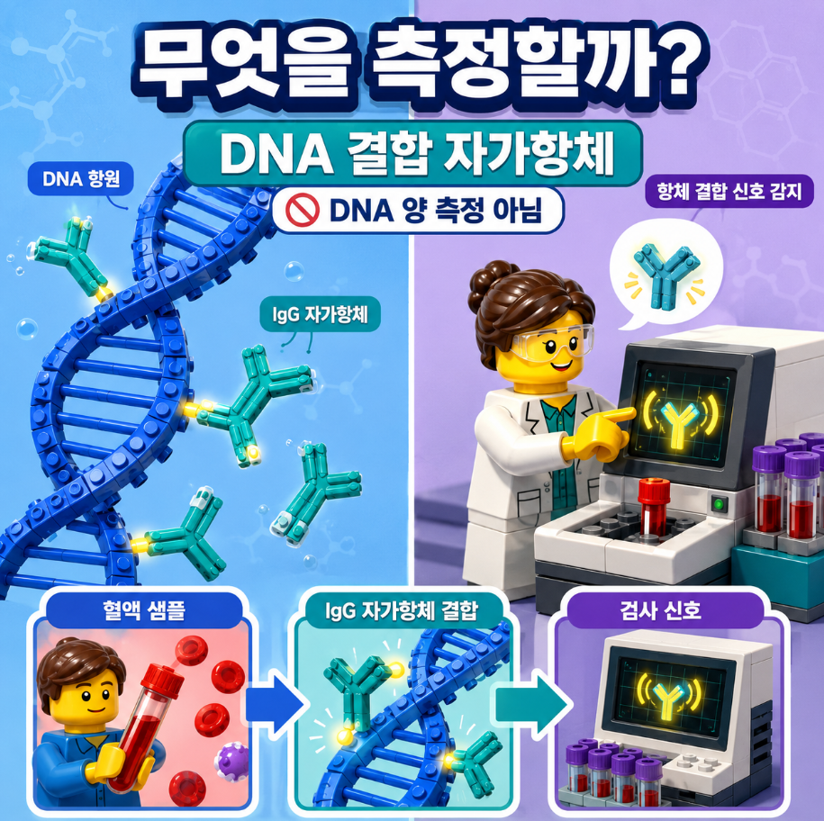 anti-dsDNA 검사가 DNA의 양이 아니라 DNA 결합 IgG 자가항체를 측정하는 원리를 설명하는 의료 인포그래픽