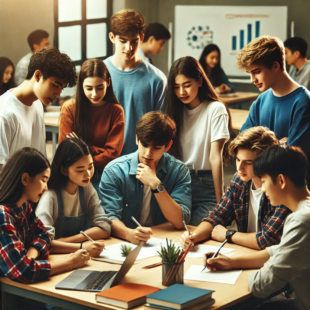 협업을 하고 있는 학생들의 이미지