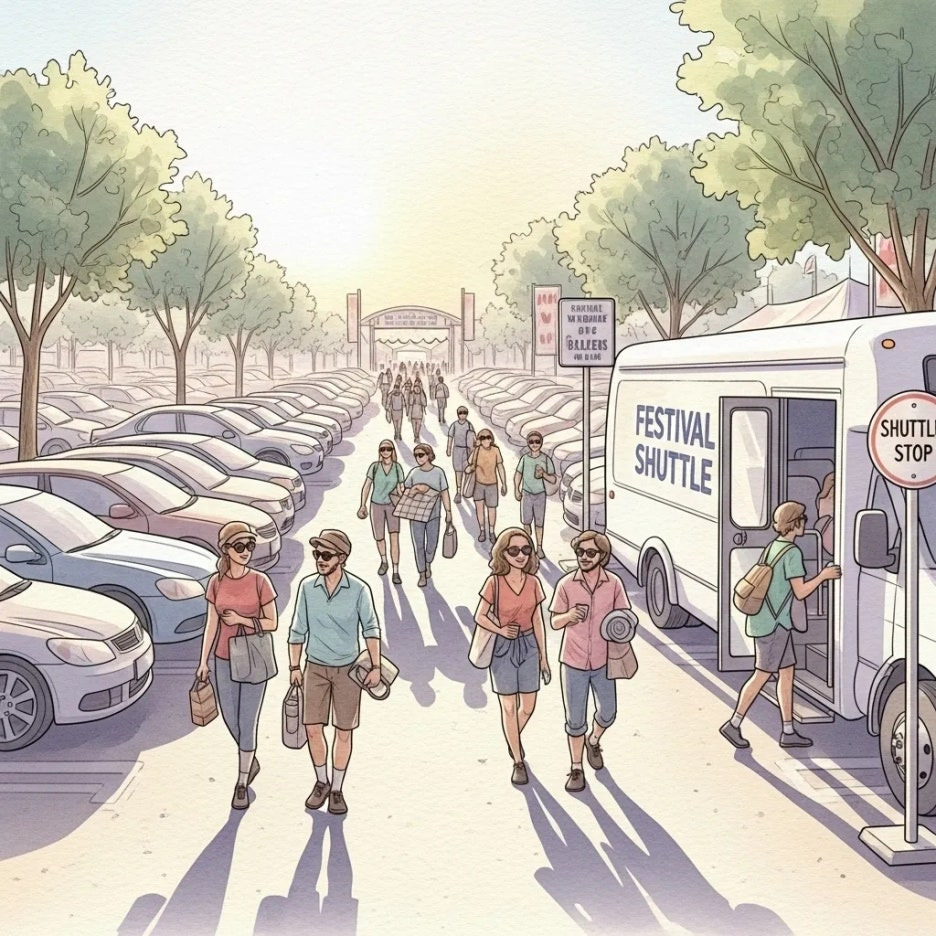 축제 주차장과 셔틀버스가 보이는 풍경