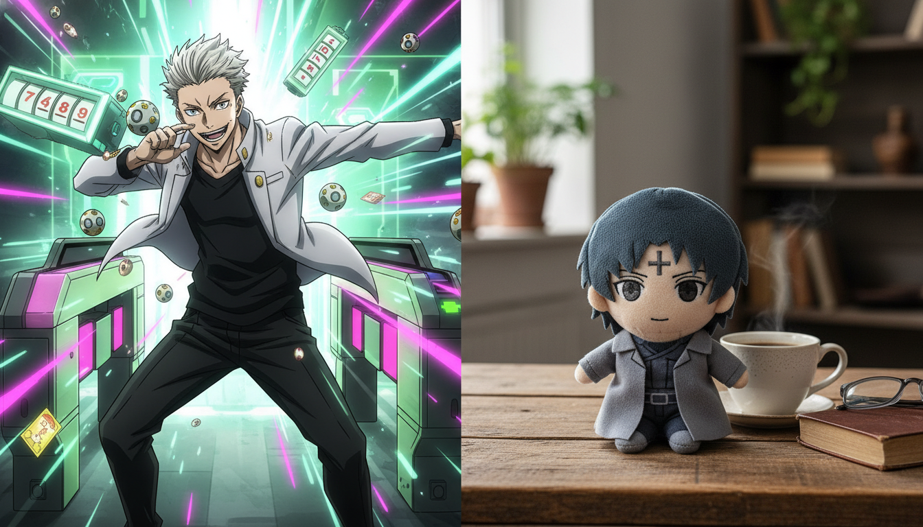 주술회전 하카리 킨지의 영역 전개 애니메이션 장면과 헌터헌터 클로로 페타돌 굿즈가 나란히 배치된 모습