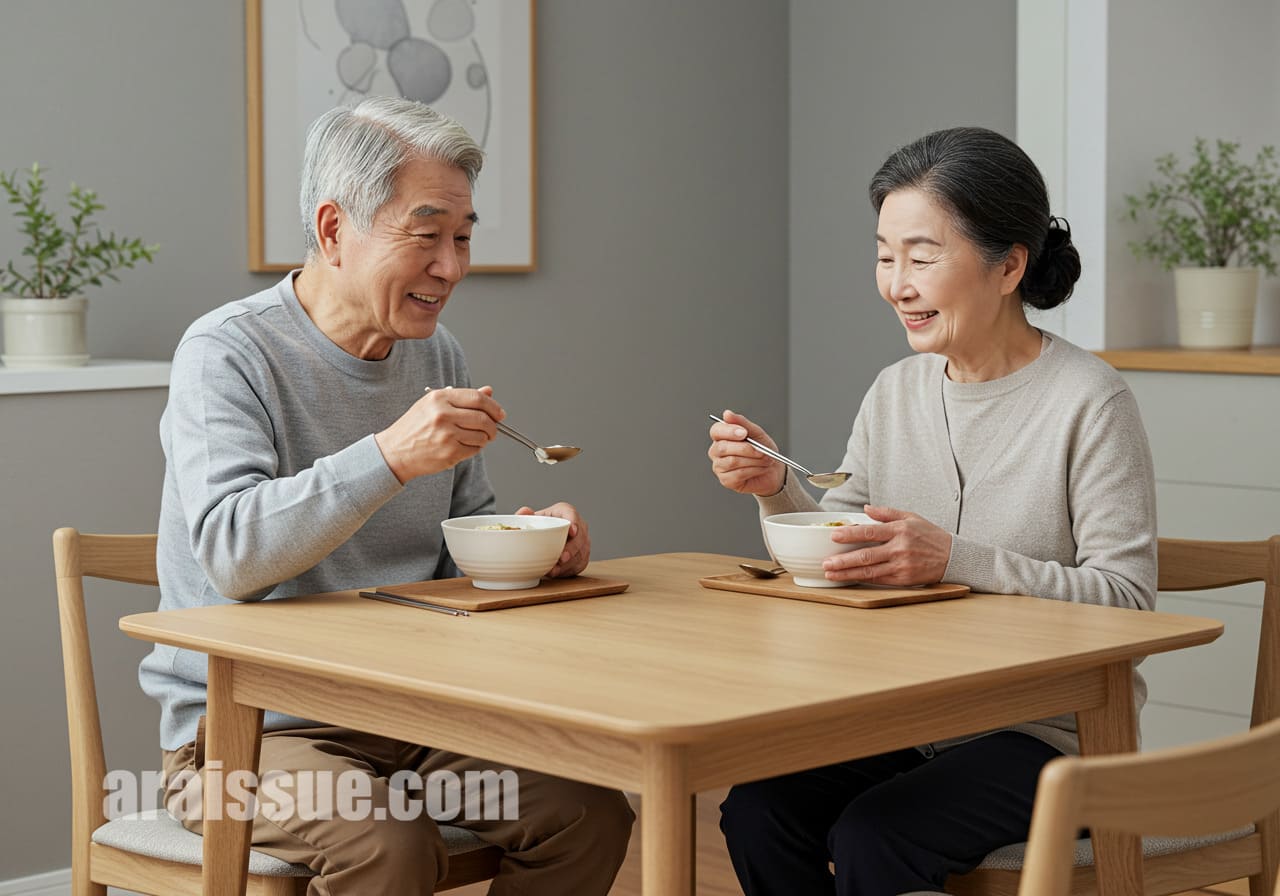 부드러운 죽을 함께 먹고 있는 고령 부부의 회복 식사 모습