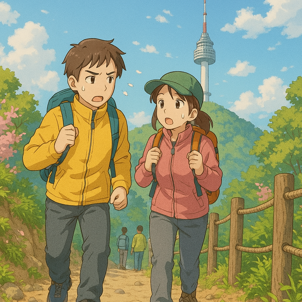 한국의 남산을 등반하고 있는 등산초보 커플의 모습