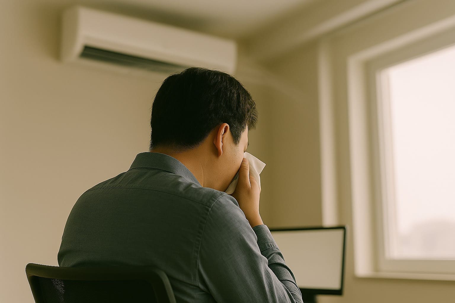 사무실에서 냉방병 증상으로 고생하는 사람 이미지