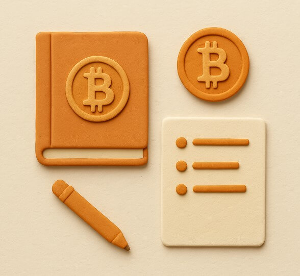 비트코인 공부라는 주제로 책과 노트와 심볼을 클레이로 만든 그림