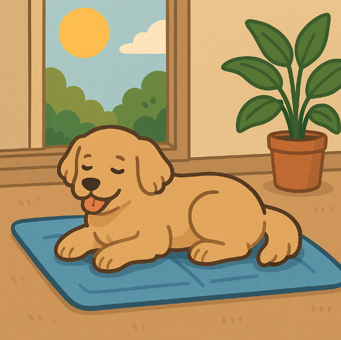 쿨매트 위에서 시원하게 쉬는 강아지
