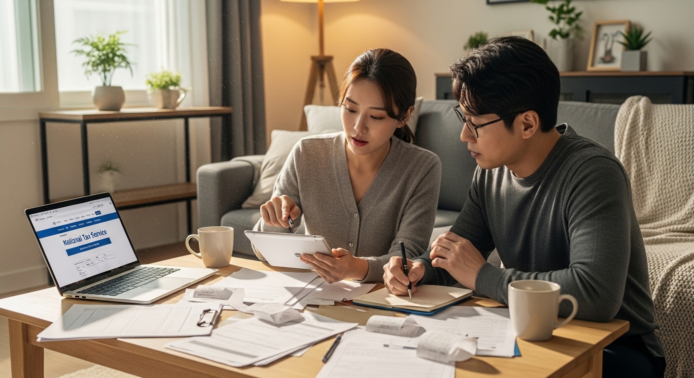 아늑한 아파트 거실에서 세금 절약 전략을 논의하며 국세청 웹사이트를 참조하는 한국 커플의 모습