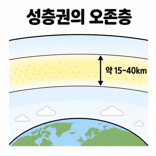 지표면과 대류권 위 성층권에 있는 약 15~40km 오존층을 표시한 높이 도식