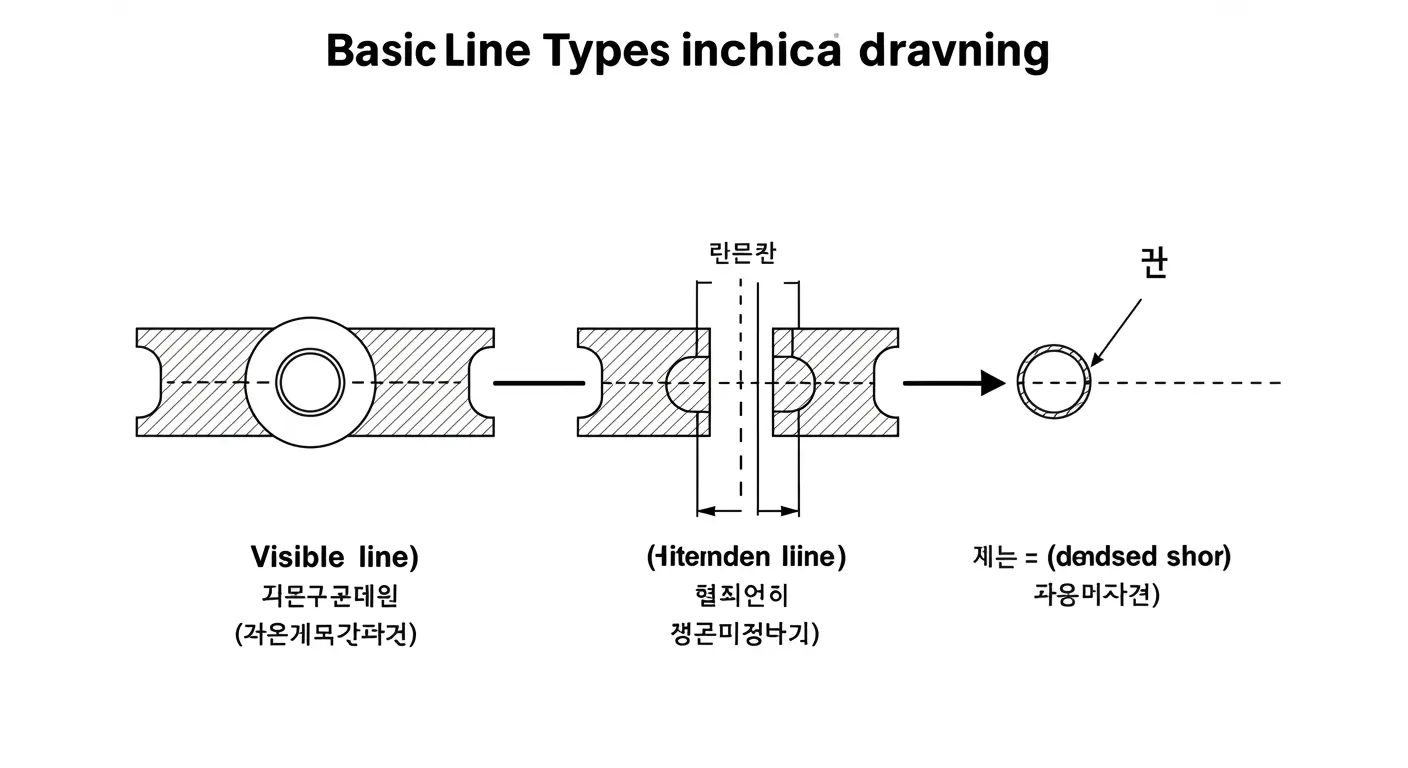 기계제도 도면의 기본 선 종류인 외형선, 숨은선, 중심선을 설명하는 예시 도면