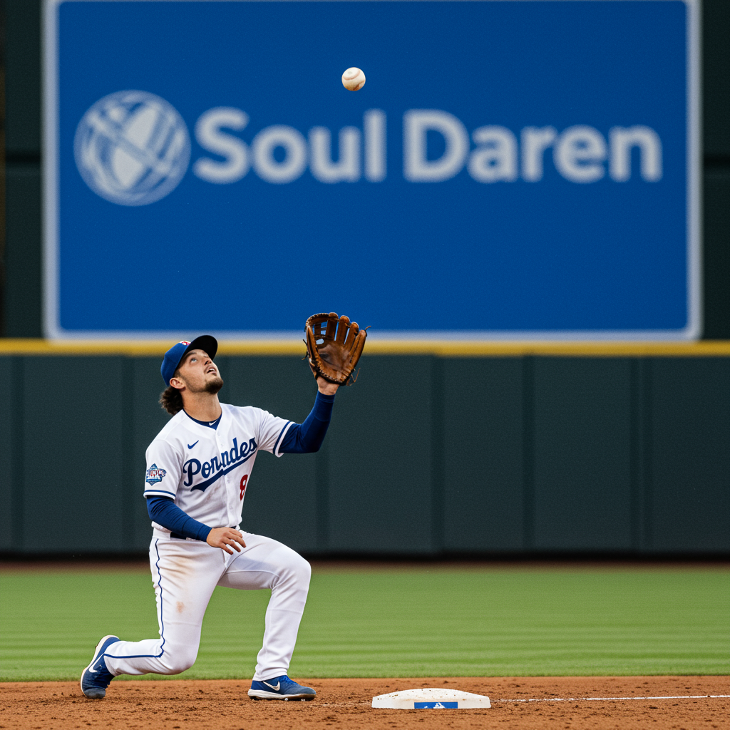 야수가 높이 뜬 공을 잡기위해 자세를 취하고 있다