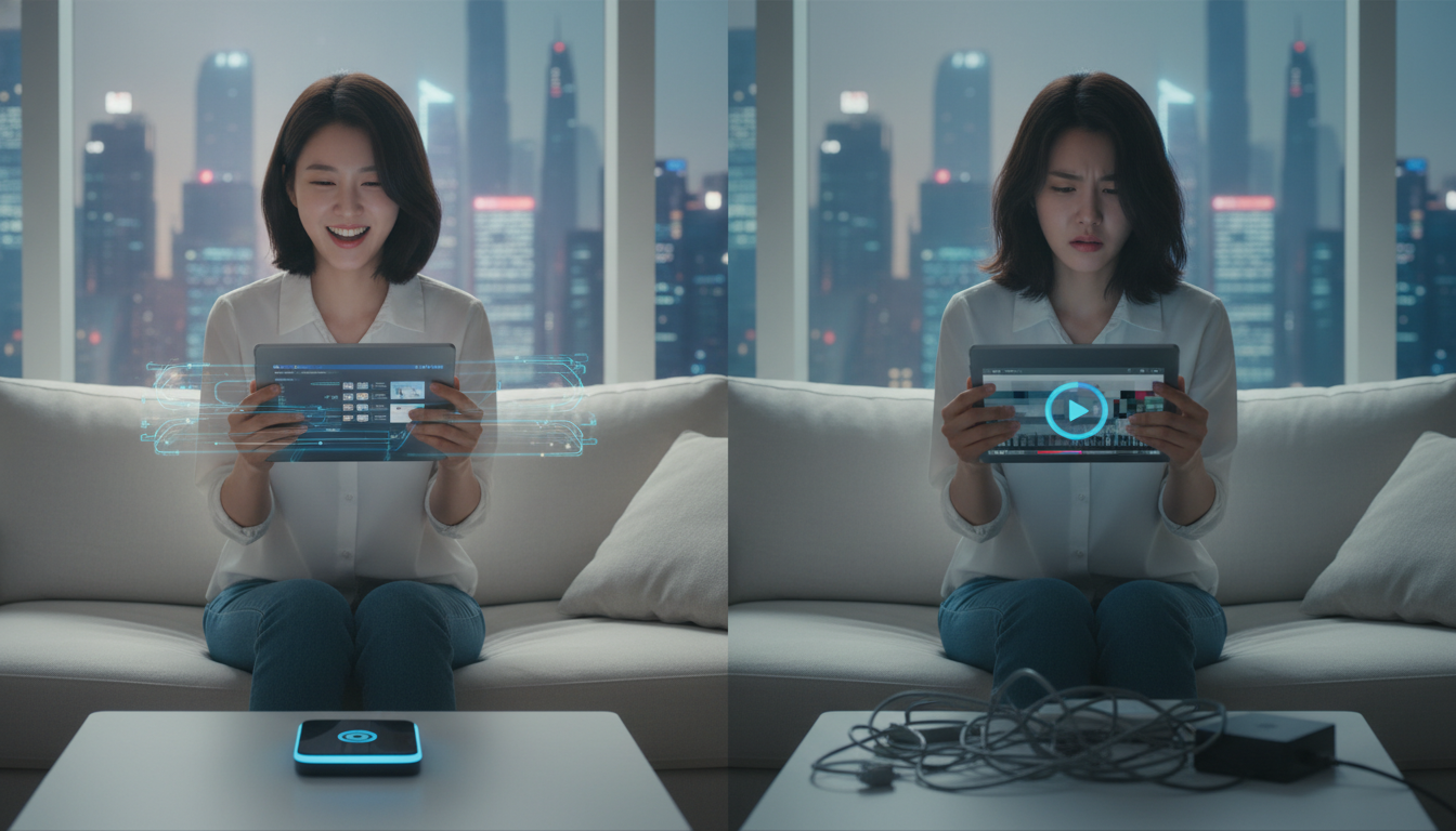 한쪽은 빠르고 쾌적한 인터넷을 즐기고, 다른 한쪽은 버퍼링으로 답답해하는 현대 한국인의 모습 (무료/유료 VPN 대비).