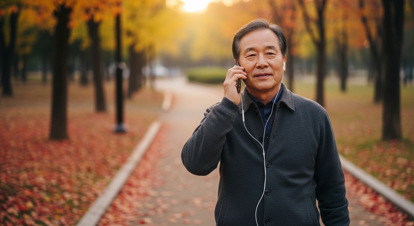 가을 공원에서 따뜻한 통화를 나누는 시니어의 여유