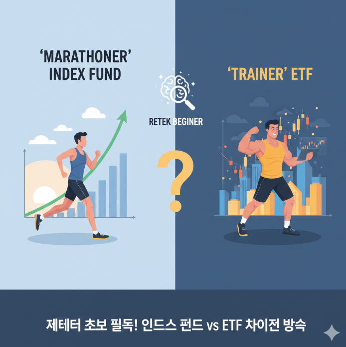 "재테크 초보자를 위한 인덱스 펀드와 ETF의 차이점을 설명하는 금융 그래프와 성장 곡선, 그리고 마라토너와 트레이너의 이미지가 복합적으로 표현된 그림"