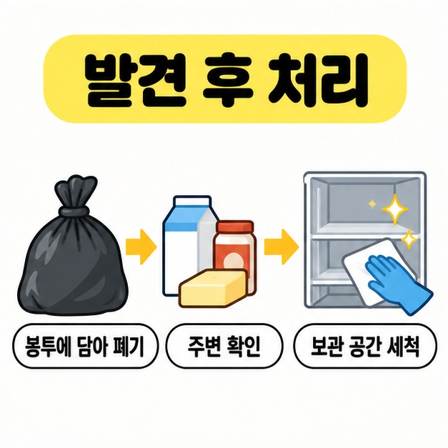 봉투에 담아 폐기하고 주변을 확인한 뒤 보관 공간을 세척하는 순서