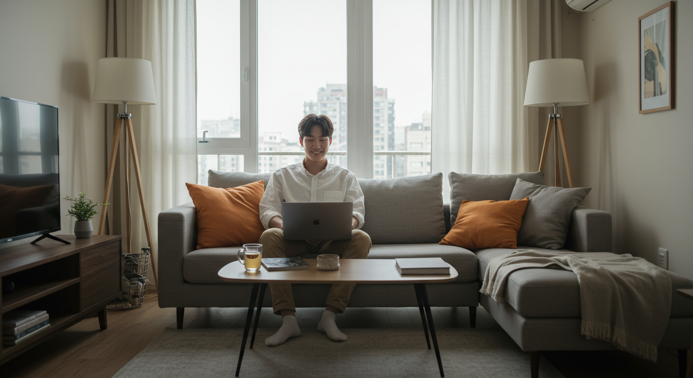 청년이 노트북으로 지원금 수령 방법을 검색하고 있다.