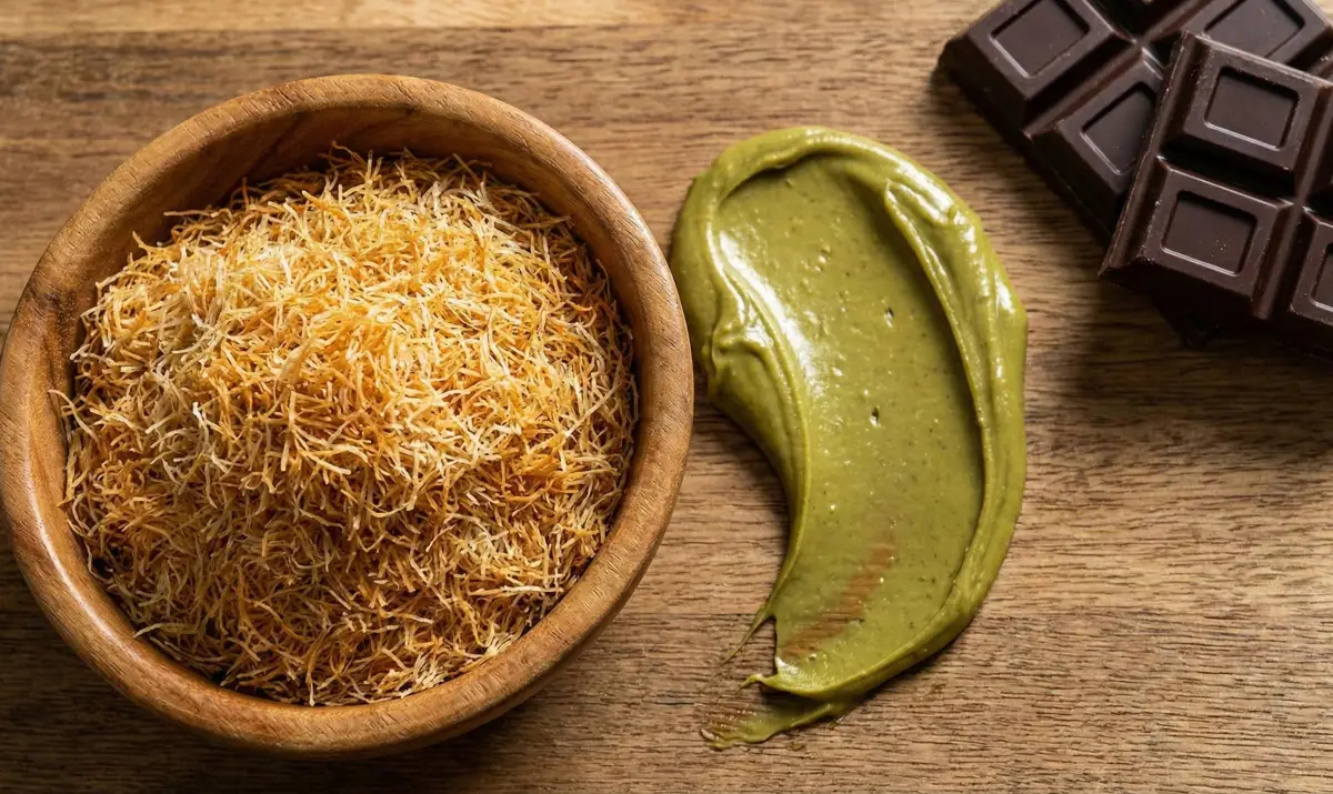 두바이 초콜릿의 핵심 재료인 볶은 카다이프면과 신선한 피스타치오 크림 연출 샷