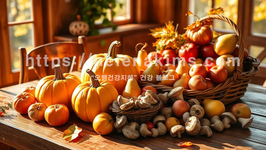 아늑한 가을 햇살이 스며드는 고급스런 나무 식탁 위, 황금빛 호박, 대나무 바구니에 가득 담긴 탐스러운 사과와 배, 감, 그리고 그 옆에는 싱싱한 무 등 다채로운 가을 제철 식재료들이 풍성하게 놓여 있는 모습.