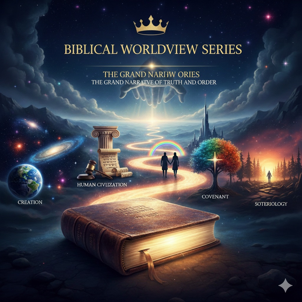 Representative image of the Biblical Worldview Series featuring a glowing Bible, a path of light, and symbols of Creation, Civilization, Covenant, and Soteriology under a divine hand and crown.