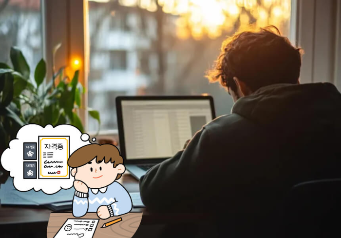 책상에서 노트북으로 공부하는 학생의 뒷모습