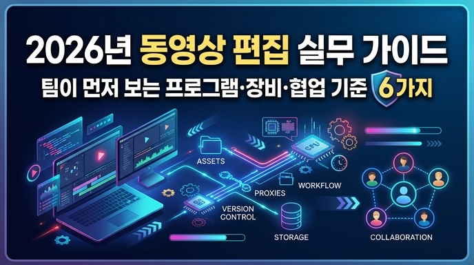 '2026년 동영상 편집 실무 가이드'라는 한글 제목과 함께 노트북, 타임라인, 에셋 관리, 협업 및 스토리지 기호가 연결된 미래 지향적인 그래픽 이미지.