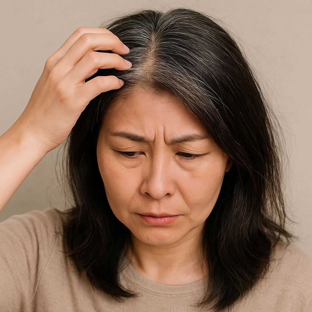 흰머리-때문에-스트레스를-받고-있는-중년-여성