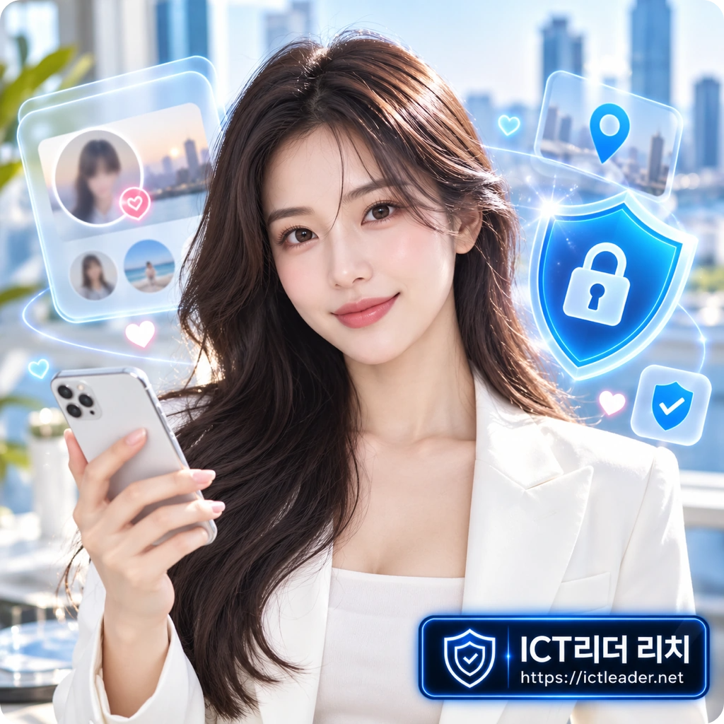 스마트폰을 든 여성과 자물쇠 방패로 표현한 로맨스스캠 예방 및 SNS 개인정보 보호 이미지