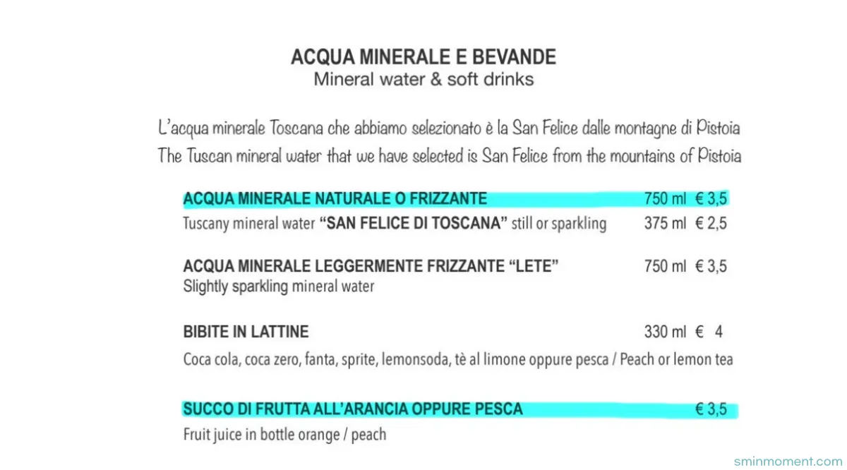 이탈리아-피렌체-맛집-라부솔라-생수음료-메뉴판