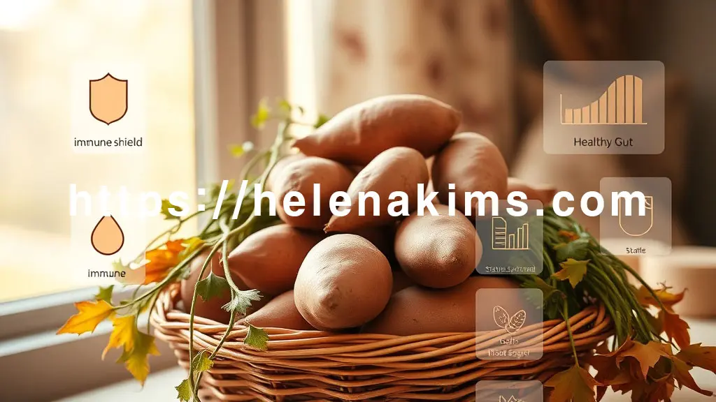 따뜻한 가을 햇살이 비추는 포근한 공간. 탐스럽고 윤기 흐르는 고구마가 바구니에 담겨 중앙에 놓여 있는 이미지.