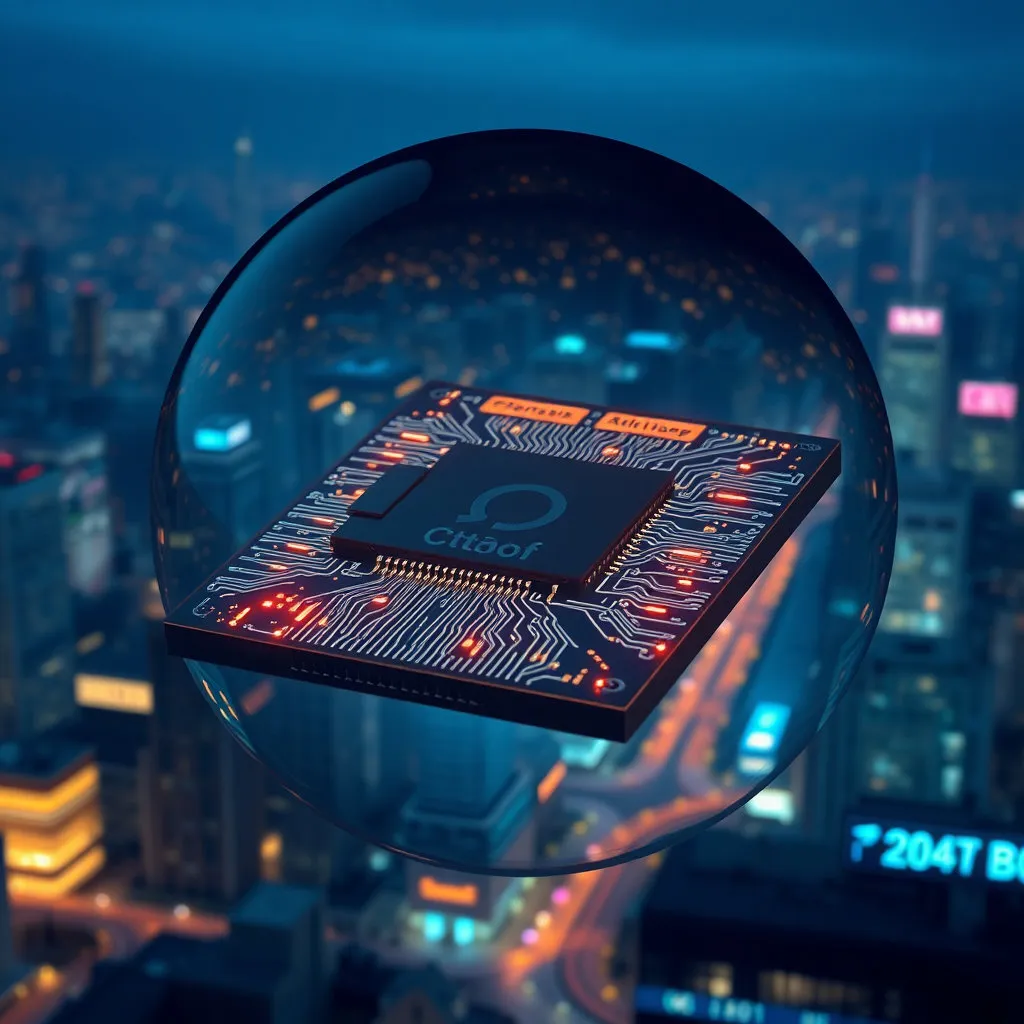 정교하고 복잡한 반도체 칩이 확대되어 보이며, 칩 내부의 미세한 회로들이 빛을 발하는 모습입니다. 마치 미래 도시의 야경처럼 느껴지도록 디자인하여 첨단 기술의 아름다움을 강조합니다.