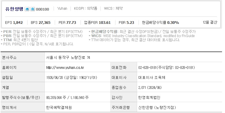 유한양행 주가 기업개요 (1030)