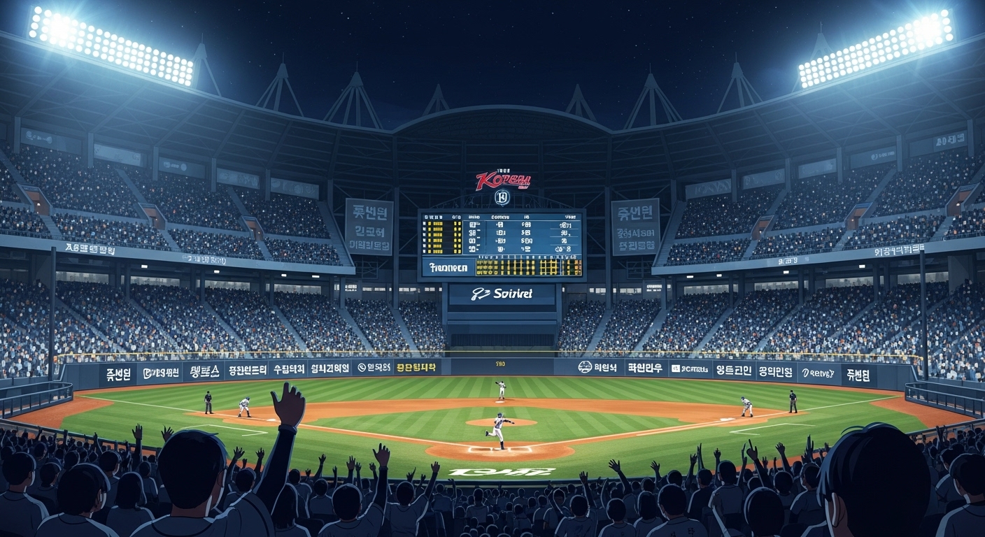 2025 한국시리즈 잠실 야구장, 야간 경기에서 관중들의 뜨거운 응원 속에 투수가 긴장감 넘치는 투구를 하는 순간.