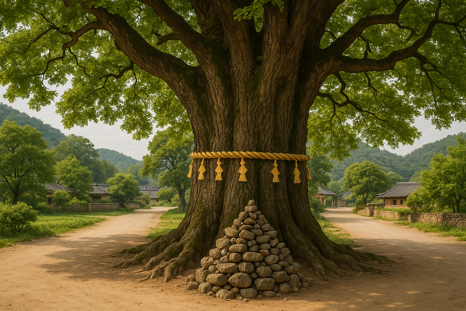 마을 입구에 우뚝 서 있는 오래된 당산나무에 금줄이 둘러져 있고, 아래에는 작은 돌탑이 쌓여 있는 모습
