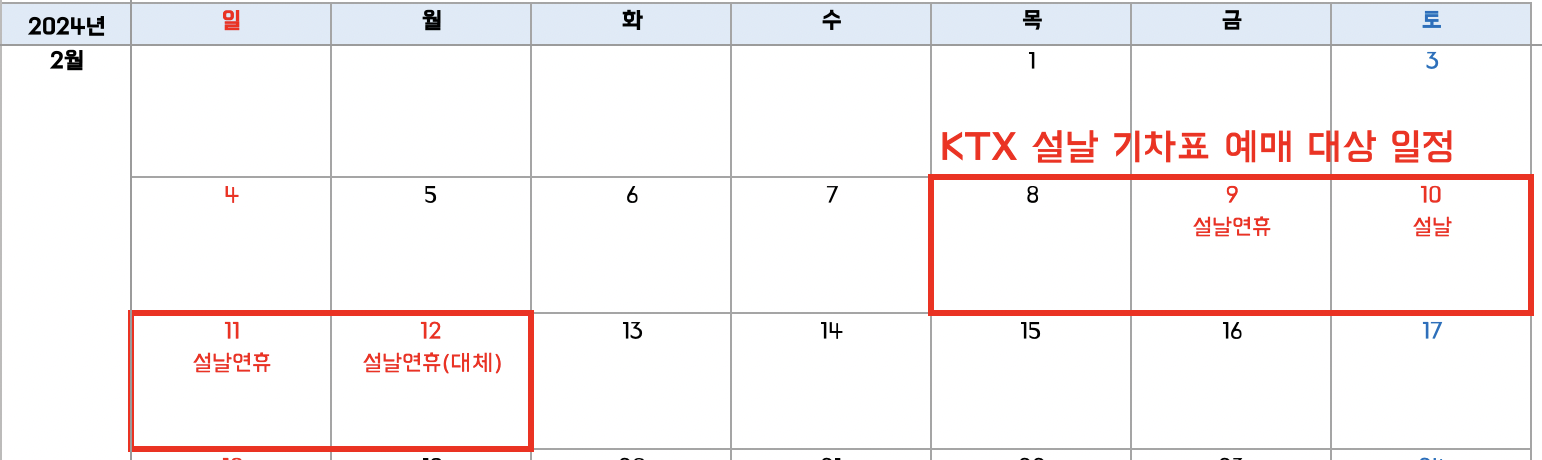 2024년 설날 코레일 열차 예약 대상일자
