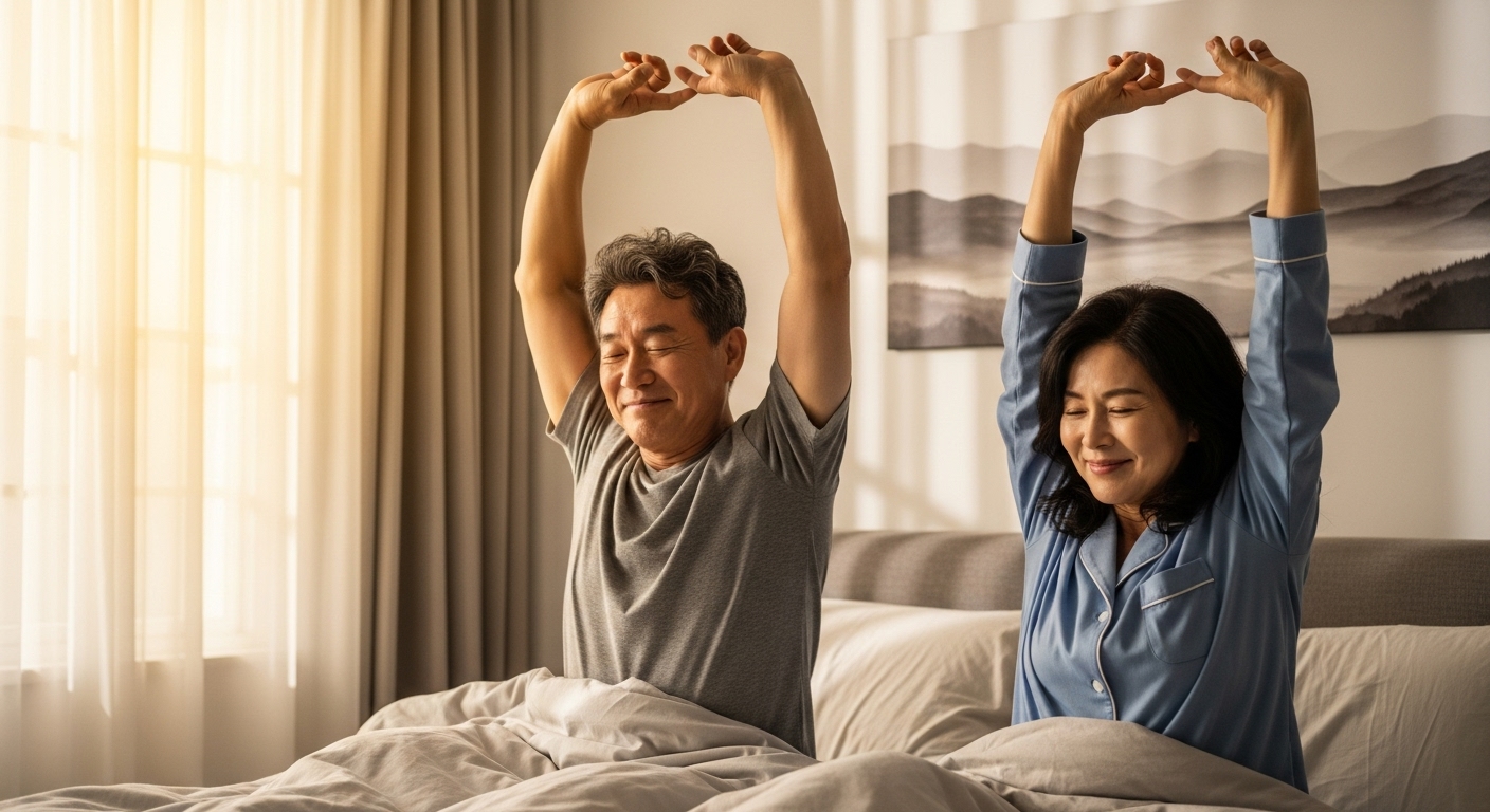 중년부부의 아침에 푹자고 불면증이 개선된모습