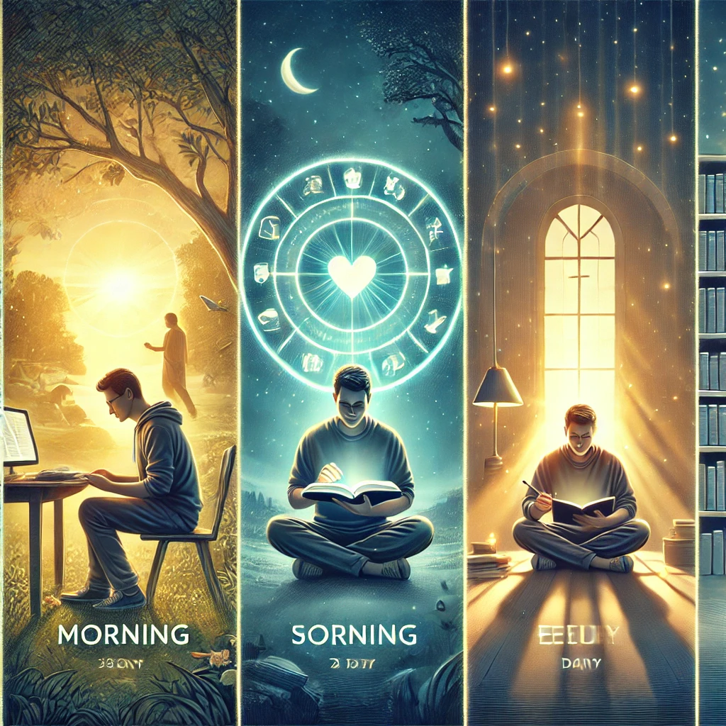 하루 동안 영과 믿음을 묵상하며 영적 생활을 실천하는 모습을 담고 있습니다. 아침, 낮, 저녁의 다양한 활동을 통해 영과 믿음을 균형 있게 추구하는 순간들이 표현되었습니다.